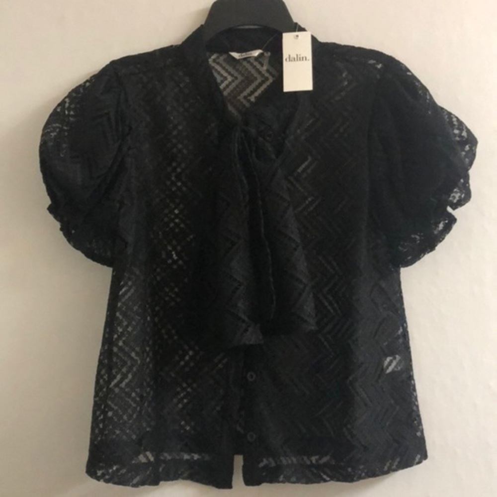 Dalin black trendy lace puffy sleeve top S M L